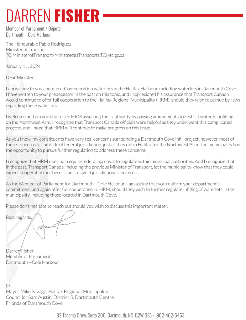 MP Darren Fisher's letter to Minister Pablo Rodriguez - 2024-01-11